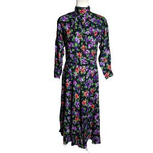 Vintage 80s Floral High Neck Maxi Dress Small Black Button Back Pockets